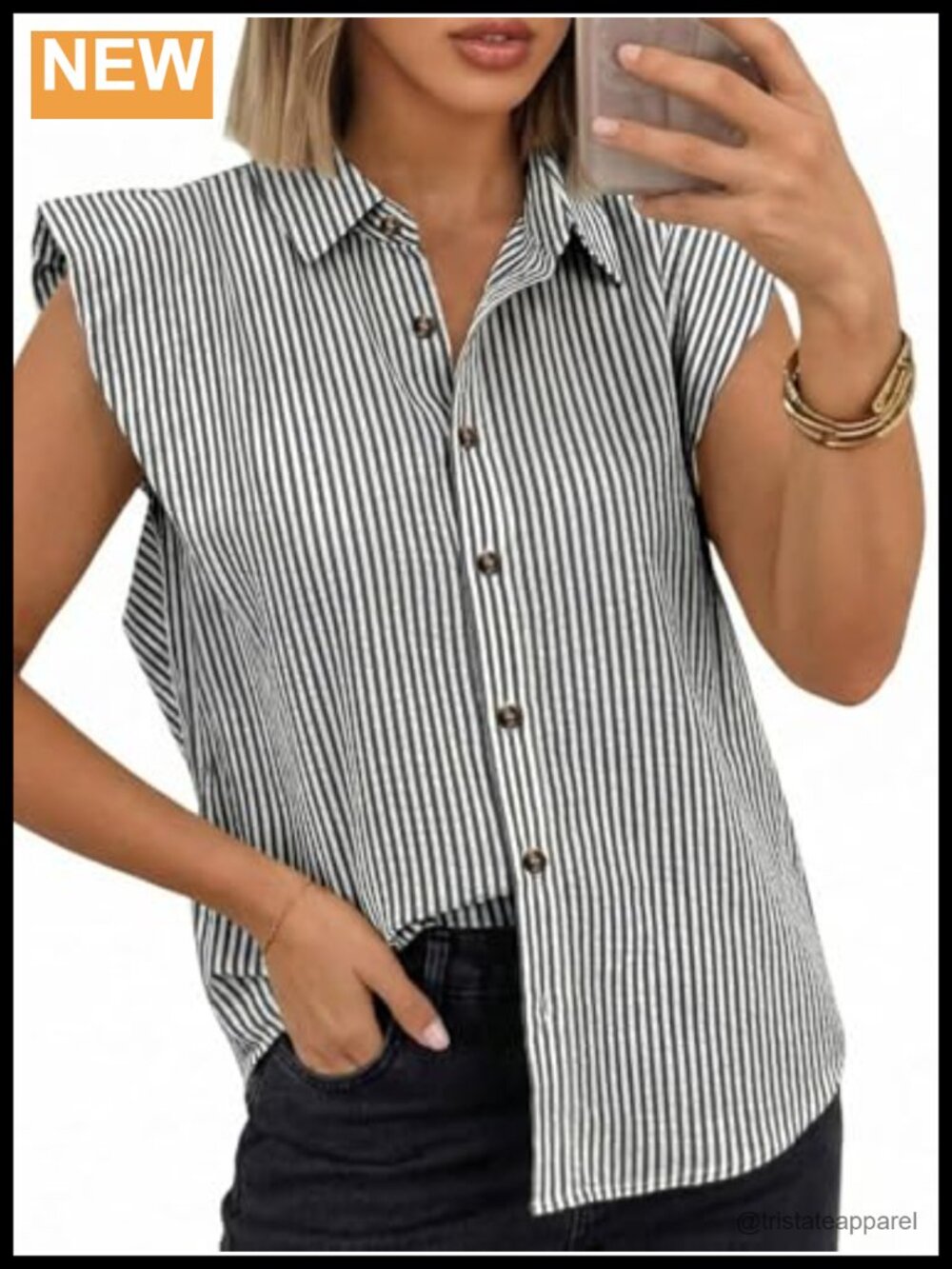 Women's Striped Collared Button Down Blouse Short Cap Sleeve Loose Fit Summer